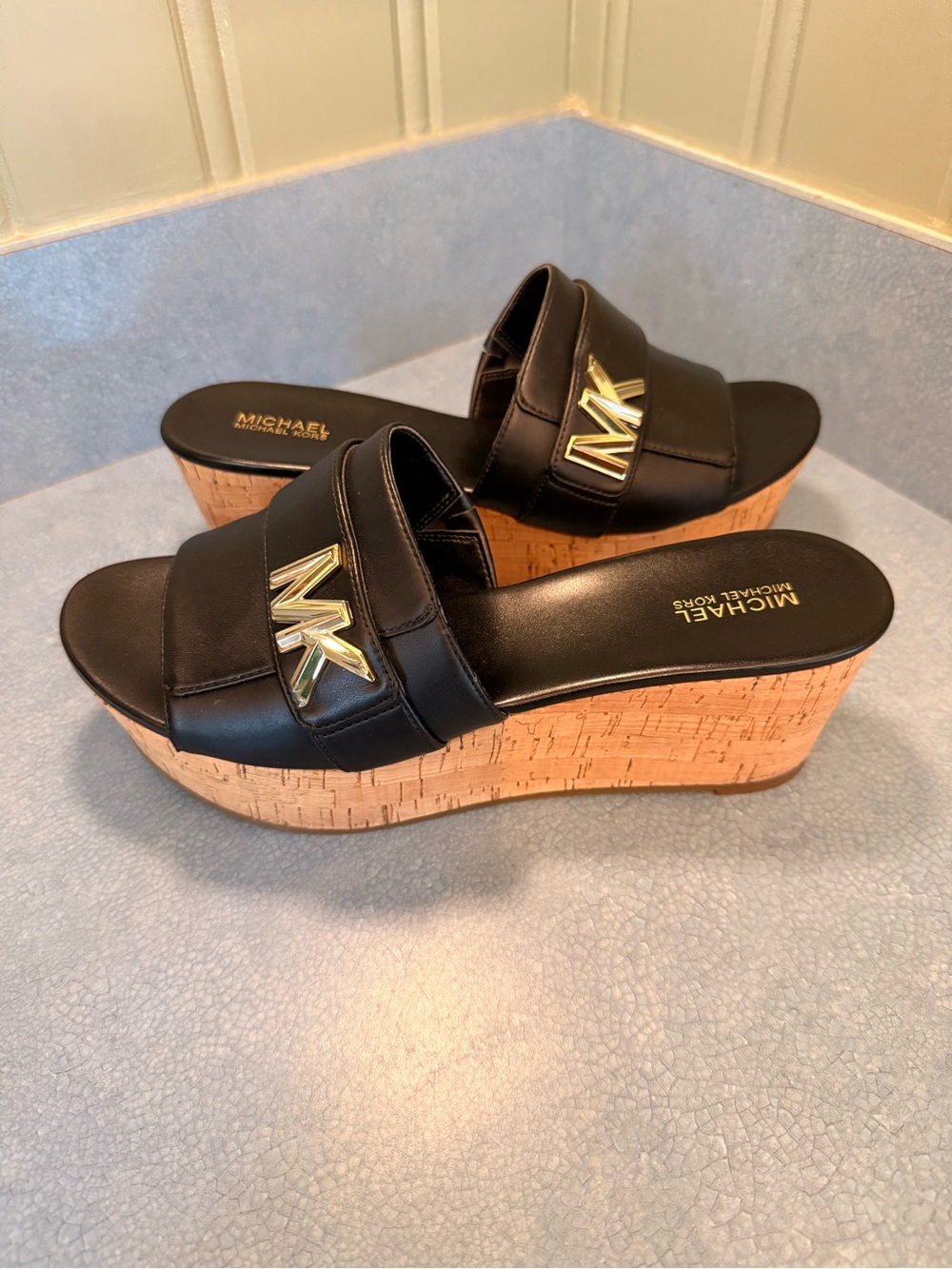 NWOT Michael Kors Black Leather Platform Cork Wedge Slides with Gold MK Hardware